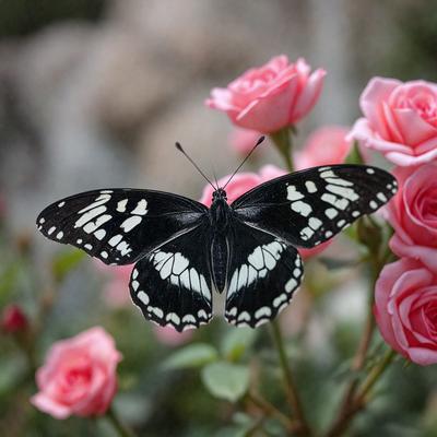 The primary subject of the image is a black and white butterfly with white wings, flying in front of a pink flower. The setting is a garden, with the butterfly hovering over a bush filled with pink flowers. The visual style is a close-up of the butterfly, capturing its details and beauty. The colors and mood of the image are predominantly pink, creating a warm and inviting atmosphere.